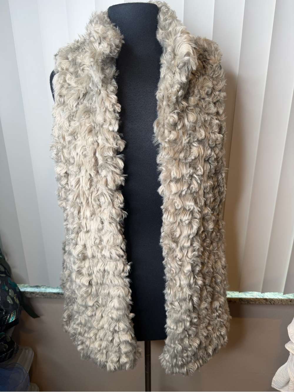 Live a Little Plush Faux Fur Taupe Vest Elegant Cozy Layer One Hook Collar SZ M